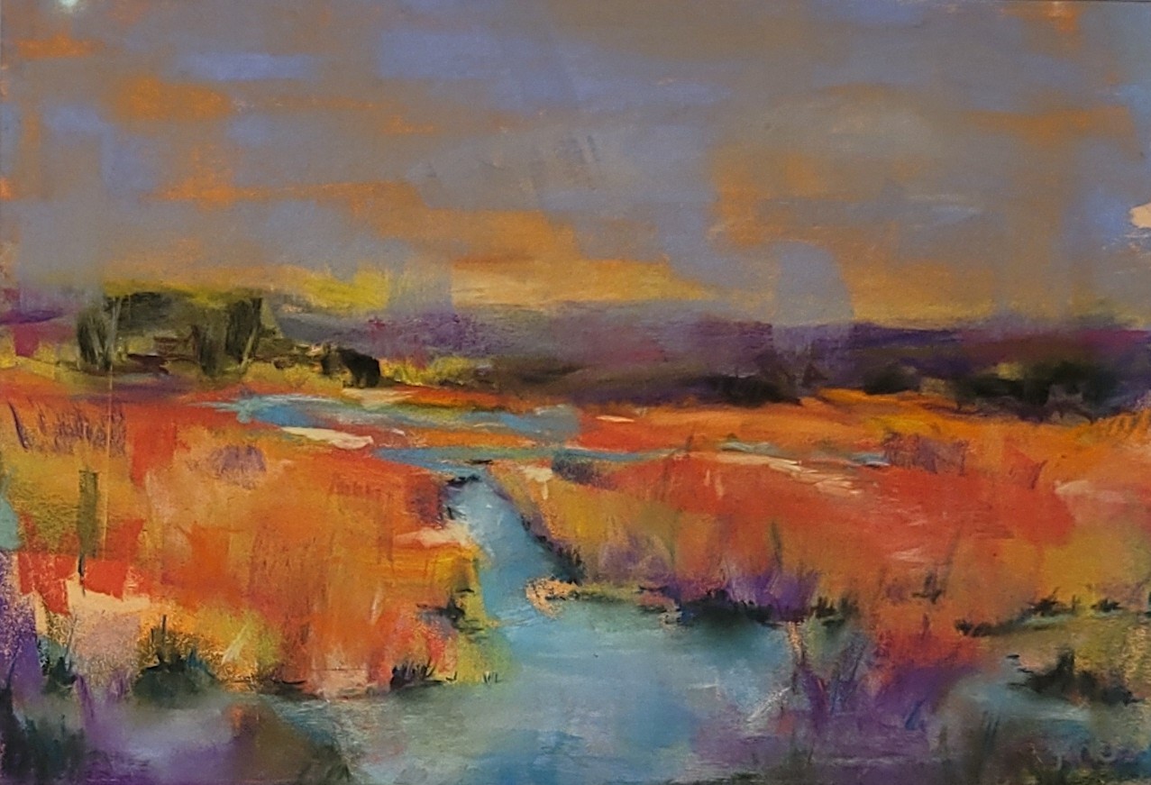 Morning Marsh by P. Ann Cummings. Vibrant, oil pastel art of a marsh with vibrant turquoise water alongside orange and purple grass.