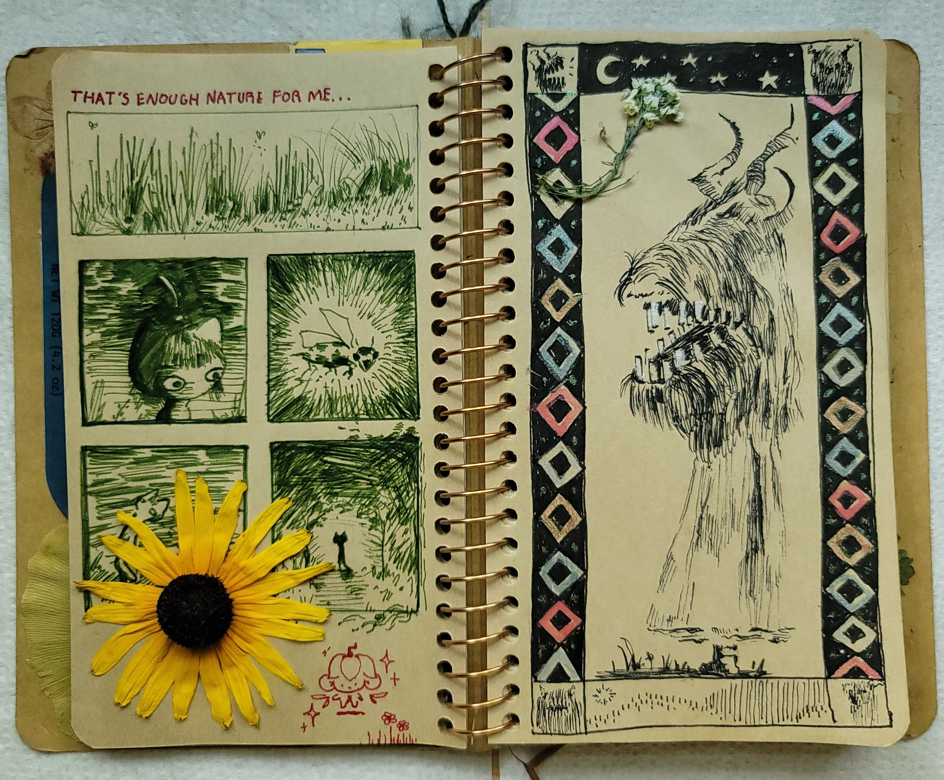 A 2 page spread from my sketchbook. On the lefthand page is a 4 panel comic about seeing a huge wasp in the forest. A pressed black-eyed susan flower is glued on top in the bottom left corner. On the other side is a drawing of a pagan european outfit with a furry monster head.