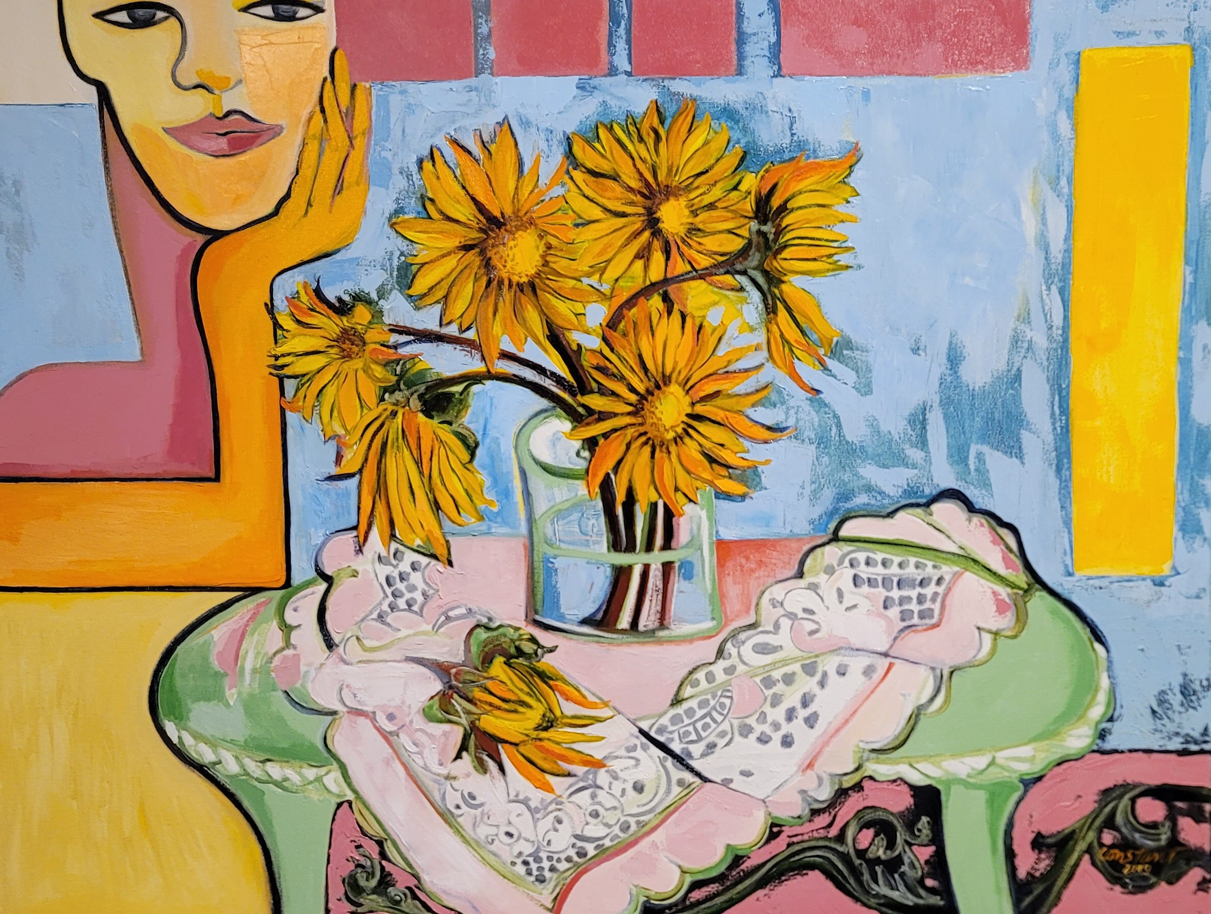 Sunflowers and Muse by Linda COnstant Robinson. A vibrant oil painting with bright yellow sunflowers on a green table with an abstract yellow woman on the lefthand side.