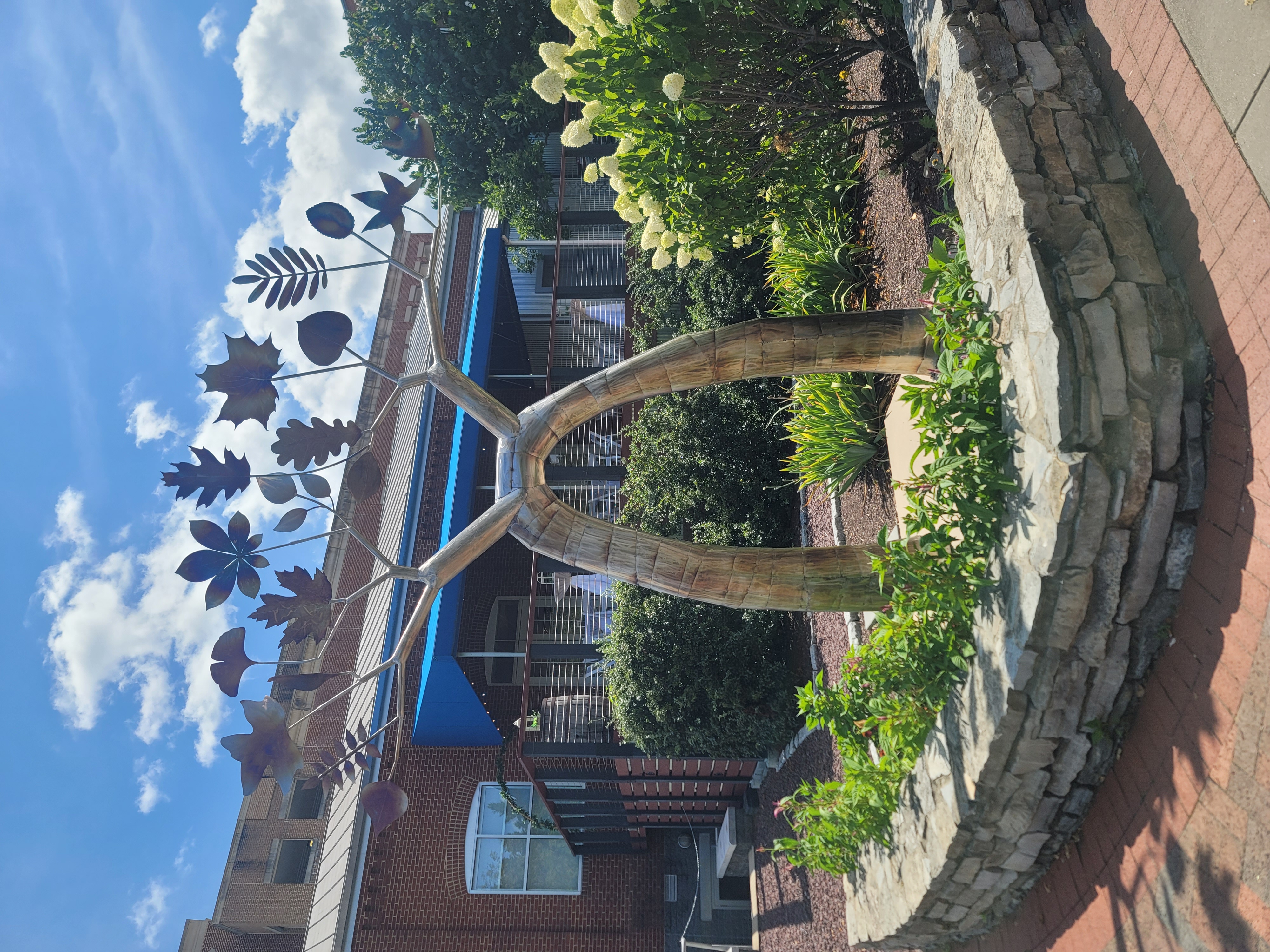 A sculpture of a silver tree bent into an arch.